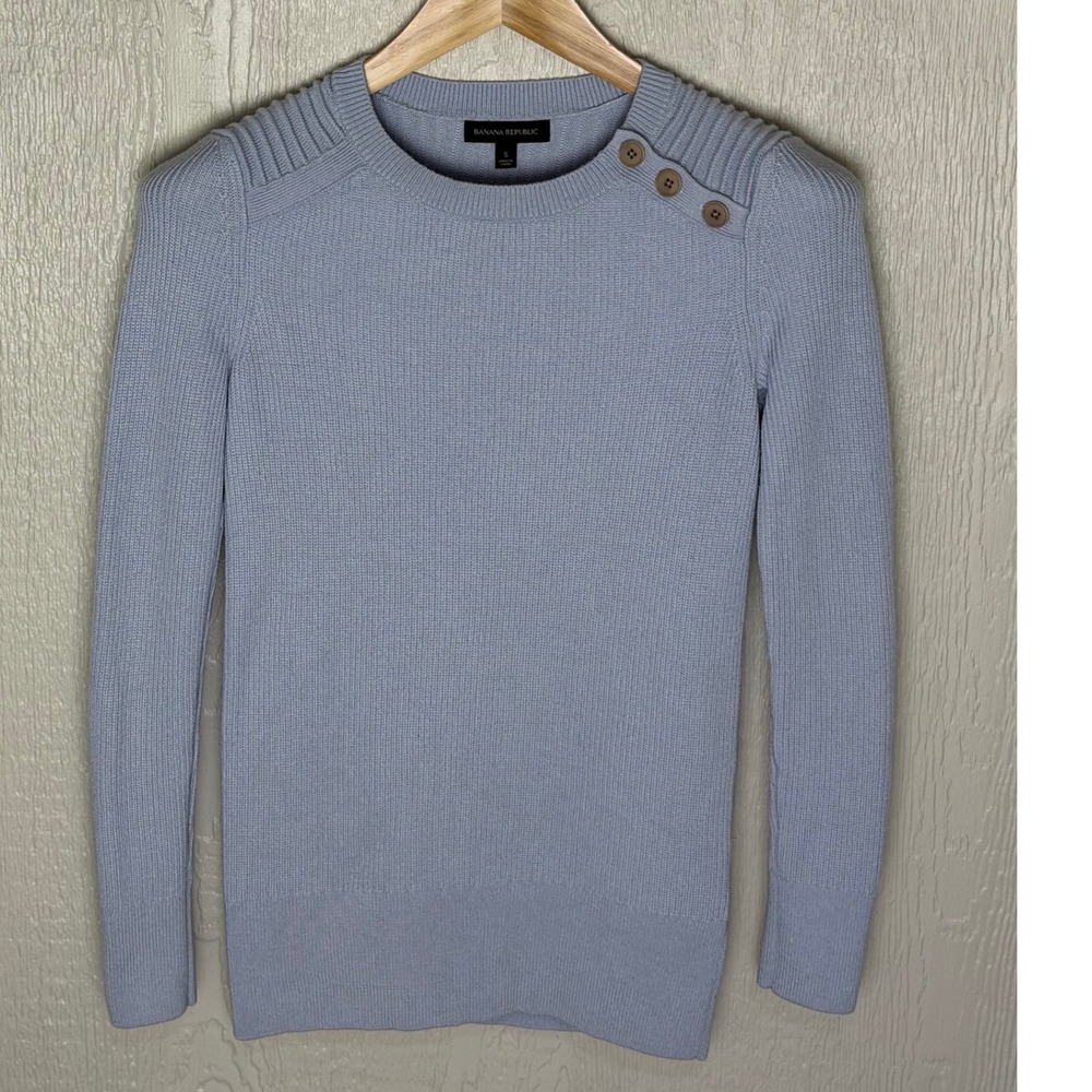 Banana Republic Women Light Blue Ribbed Merino Wool Button Shoulder Sweater Sm